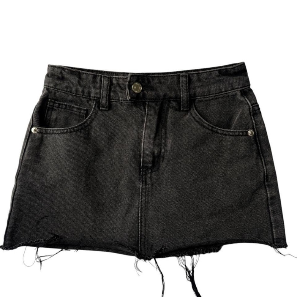 White Fox Black Washed Denim Mini Skirt Raw Hem Y2K XXS White‎ Fox Black Wash